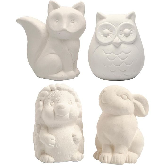 Animal Saving Banks, owl, fox, hedgehog, hare, H: 9-10 cm, white, 4 pc/ 1 box