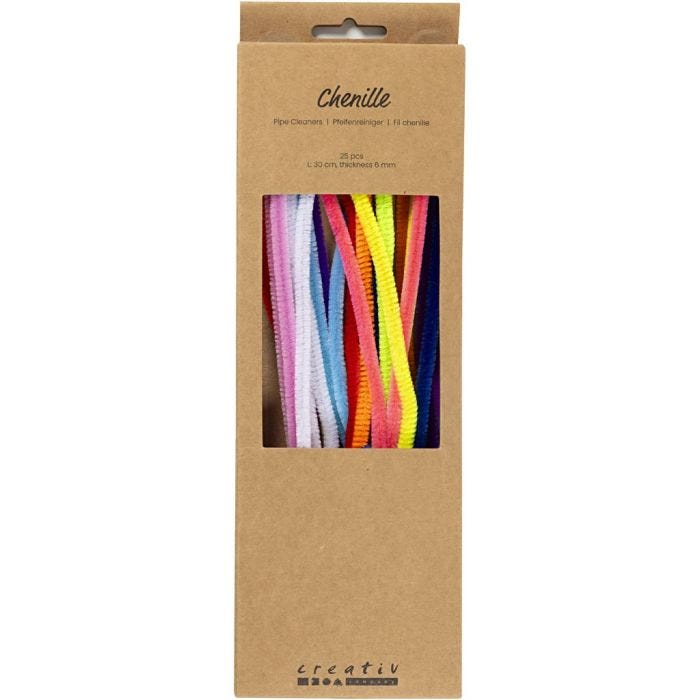 Chenille, L: 30 cm, thickness 6 mm, colorful, 25 asstd./ 1 pack