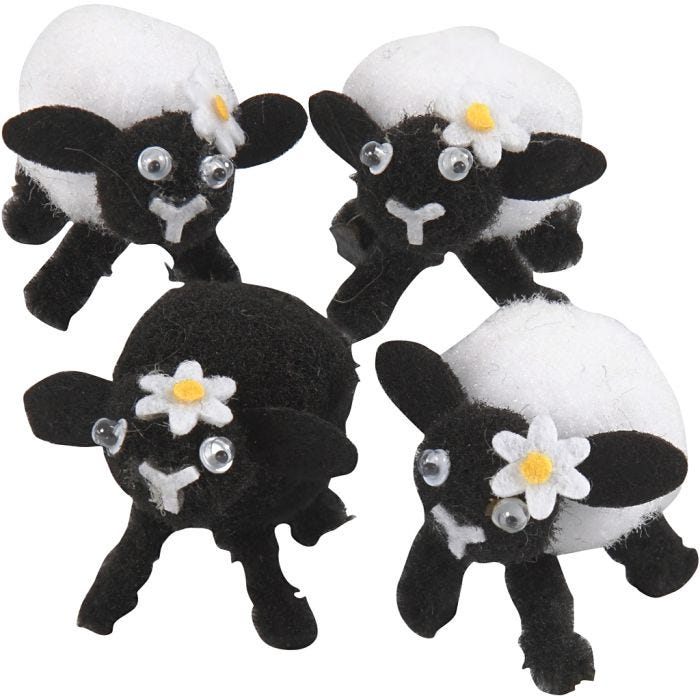 Easter lambs, H: 35 mm, black, white, 4 pc/ 1 pack