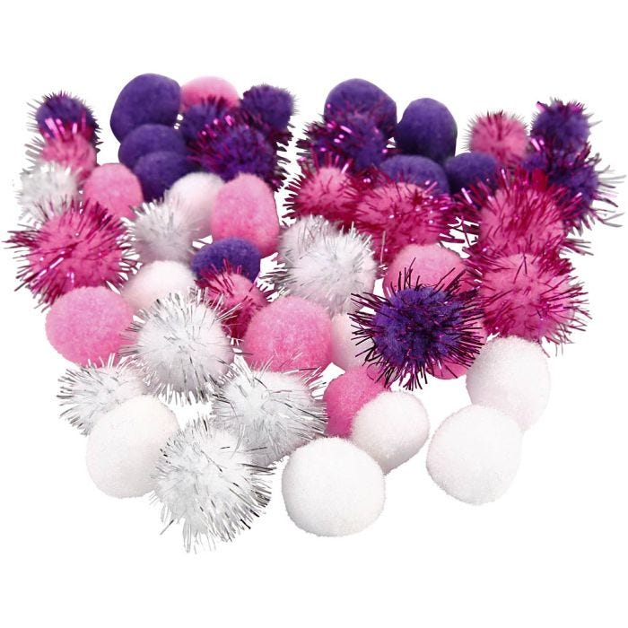 Pompoms, 15+20 mm, purple, light red, white, 48asstd./ 1 pack