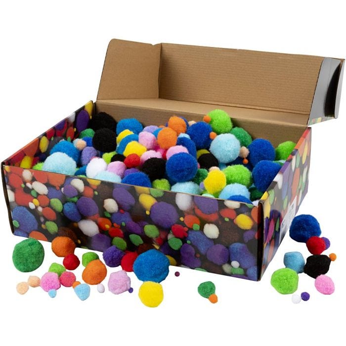 Pom poms, 5-40 mm, assorted colours, 200g/ 1 pack