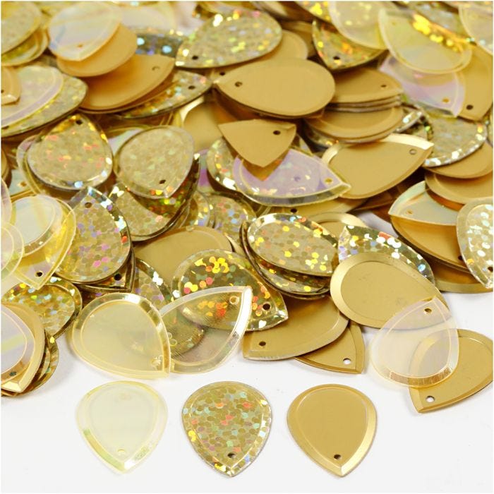 Sequins, raindrop, size 14x19 mm, gold, 50 g/ 1 pack