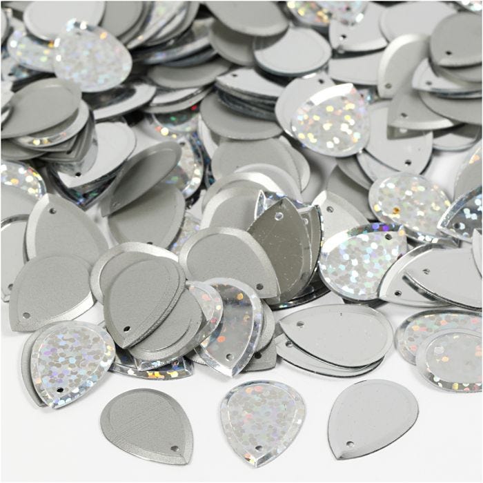 Sequins, raindrop, size 14x19 mm, silver, 50 g/ 1 pack