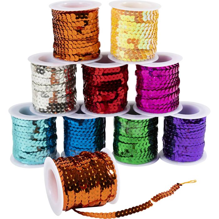 Sequined Ribbon, W: 5 mm, metallic colours, 100 m, 10x10 m/ 1 pack