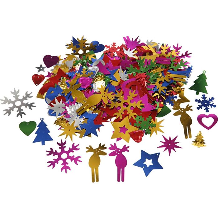 Sequins, PET, size 8-50 mm, bold colours, 400 g/ 1 pack