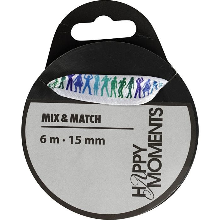 Satin Ribbon With Print, 15 mm, light blue, 6m/ 1 roll