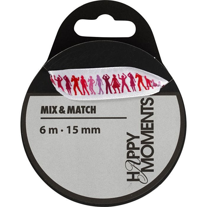 Satin Ribbon With Print, W: 15 mm, light red, 6 m/ 1 roll