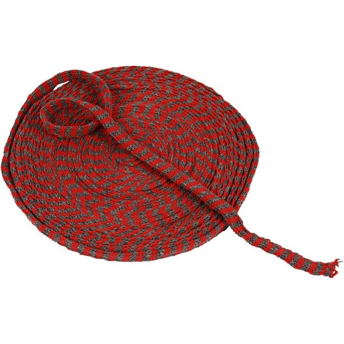 Knitted Tube, W: 10 mm, christmas red/grey, 10 m/ 1 roll