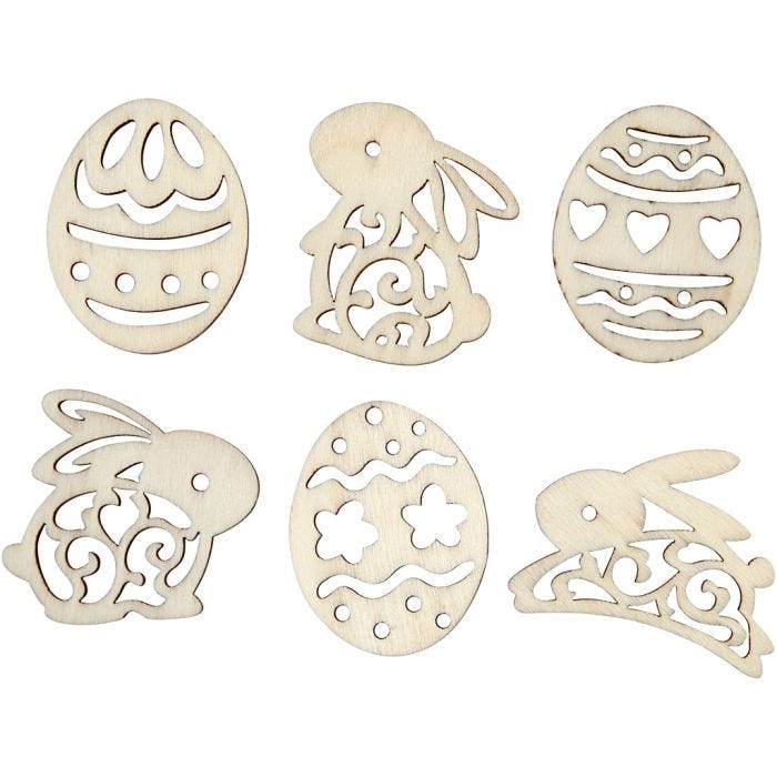 Wooden decorations, easter eggs and bunnies, 40 mm, 3 mm, 24pc/ 1 pack