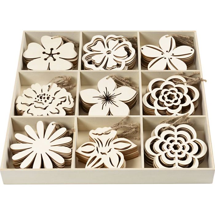 Wooden Ornament, flowers, dia. 100 mm, thickness 3 mm, 90 pc/ 1 pack