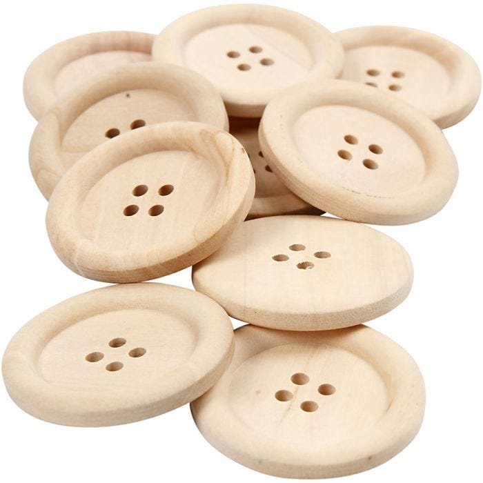 Wooden Buttons, dia. 35 mm, hole size 2 mm, 4 holes, 10 pc/ 1 pack
