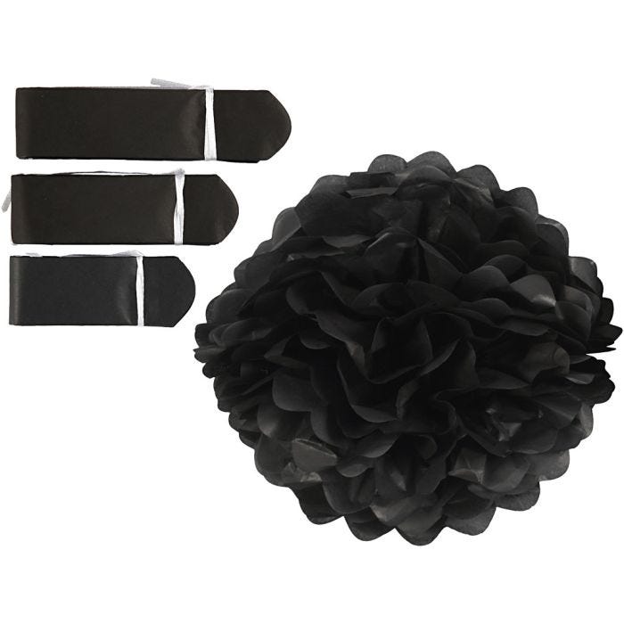 Tissue Pompons, dia. 20+24+30 cm, 16 g, black, 3pc/ 1 pack
