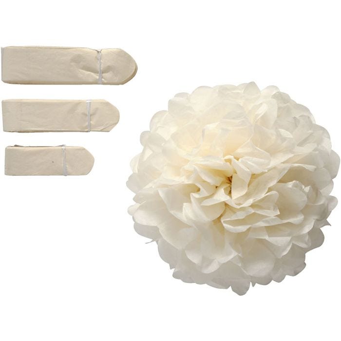 Tissue Pompons, dia. 20+24+30 cm, 16 g, off-white, 3pc/ 1 pack