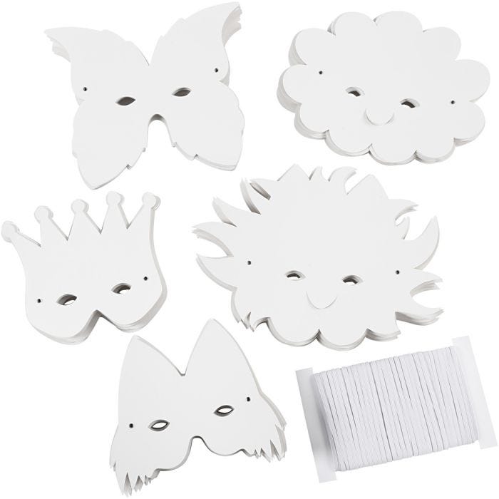 Masks incl. elastic head-band, H: 15-20 cm, 230 g, white, 100 asstd./ 1 pack
