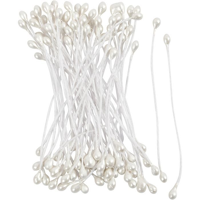 Flower Stamens, L: 6,4 cm, dia. 2 mm, white - mother-of-pearl, 100 pc/ 1 pack