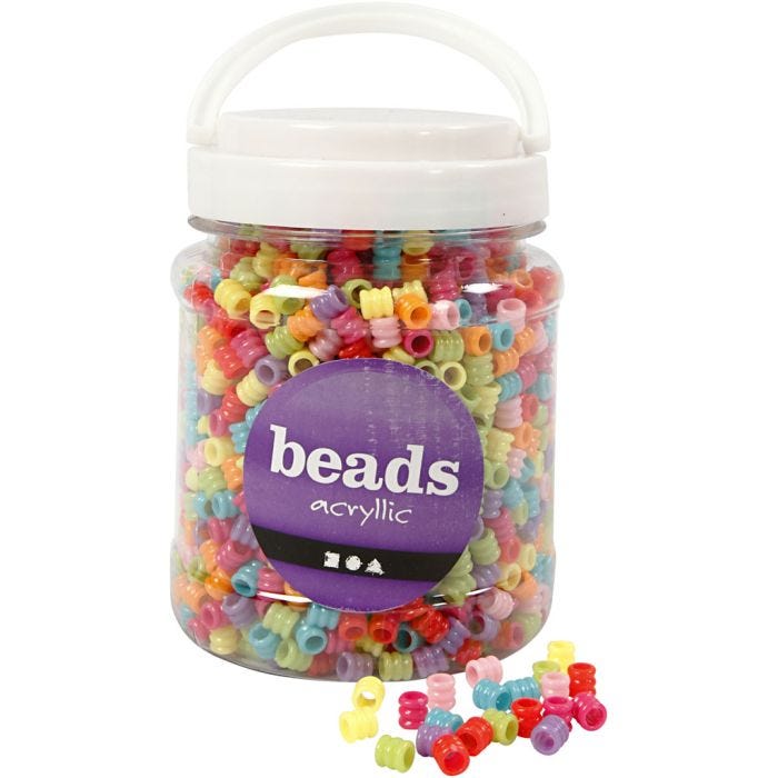Barrel Bead Mix, dia. 7 mm, hole size 3,5 mm, assorted colours, 265 g, 700 ml/ 1 tub