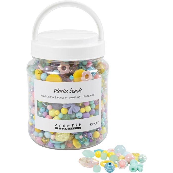 Plastic beads, dia. 5-35 mm, hole size 1-8 mm, assorted colours, 700 ml/ 1 tub