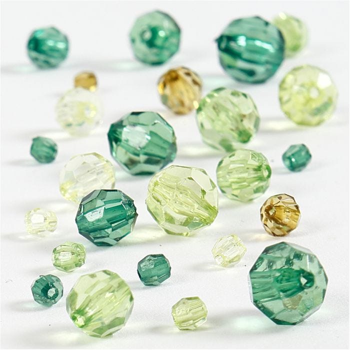 Facet Beads, size 4-12 mm, hole size 1-2,5 mm, green glitter, 45 g/ 1 pack