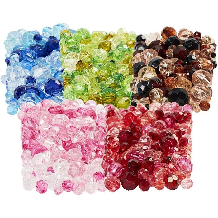 Facet Beads, dia. 4-12 mm, hole size 1-2,5 mm, assorted colours, 7x250 g/ 1 pack