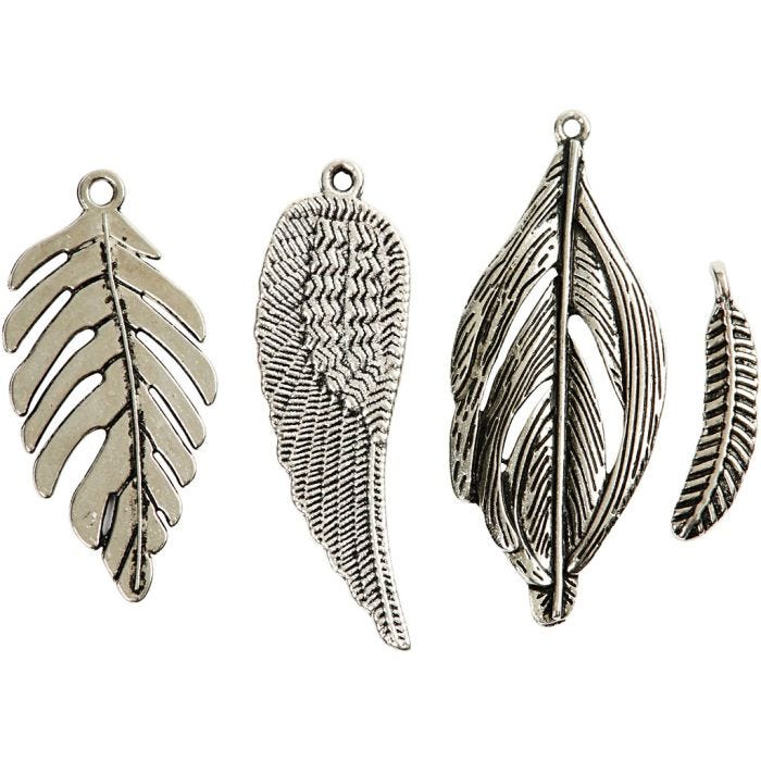 Feather, dia. 29-55 mm, hole size 12-20 mm, antique silver, 4x10 pc/ 1 pack