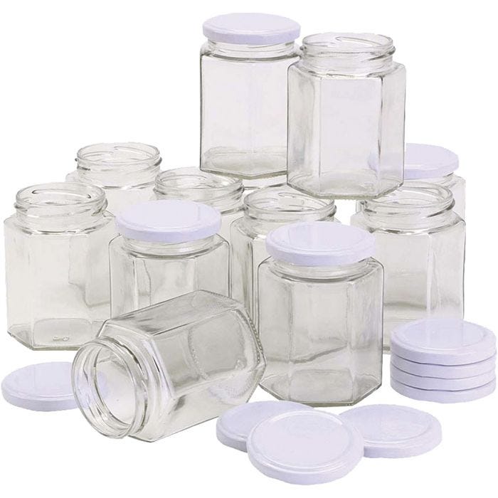 Hexagonal glass jar, H: 8 cm, dia. 7 cm, 180 ml, 12 pc/ 1 pack