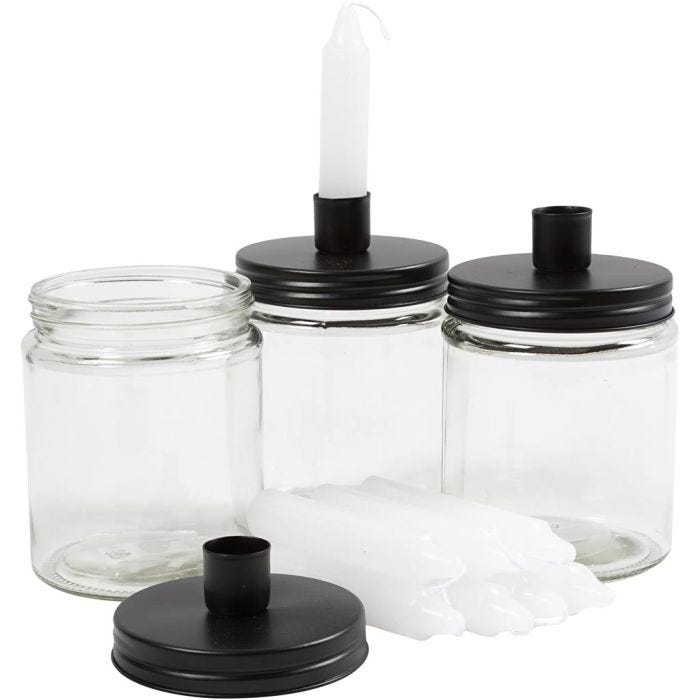 Jar with candle holder and candle, H: 15 cm, dia. 9.5 cm, size 15 cm, 6 set/ 1 pack