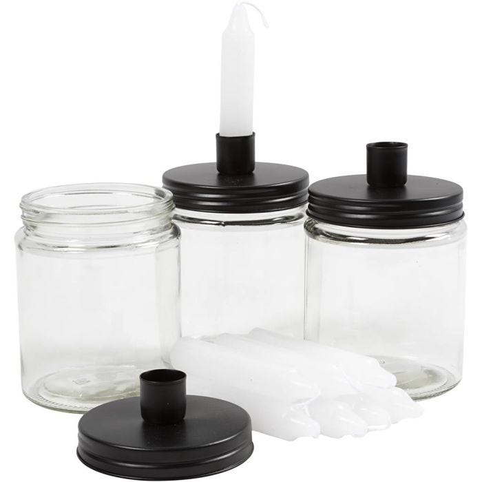 Jar with candle holder and candle, H: 15 cm, dia. 9.5 cm, 6 pc/ 1 pack