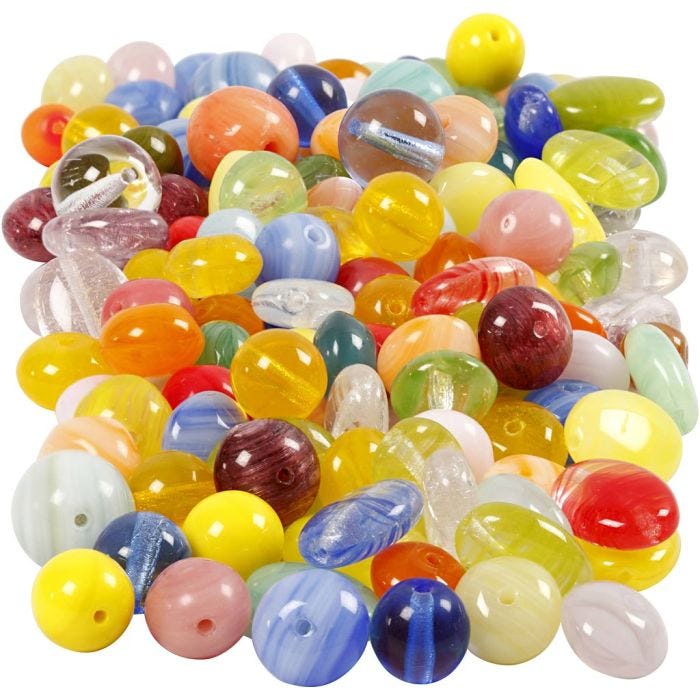 Glass beads, round, oval, circular, dia. 6-13 mm, hole size 0,5-1,5 mm, assorted colours, 350 g/ 1 pack