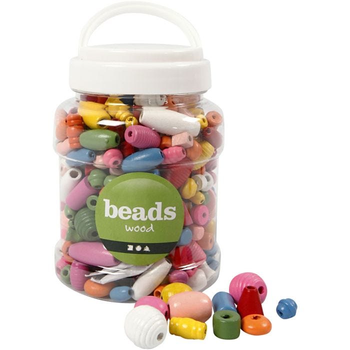 Wooden Beads, size 5-28 mm, hole size 2,5-3 mm, assorted colours, 175 g, 400 ml/ 1 bucket