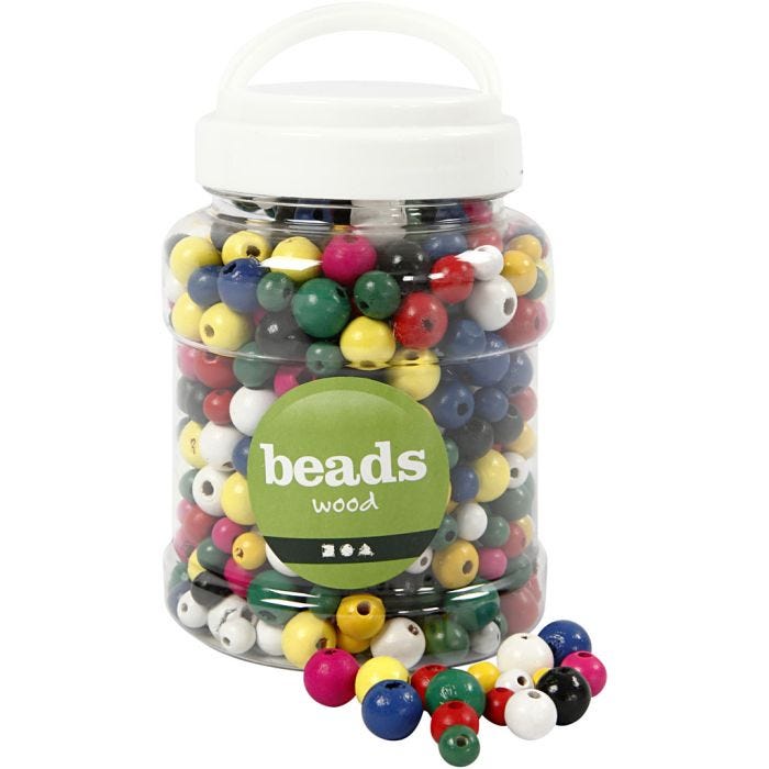 Wooden Beads, dia. 8+10+12 mm, hole size 2-2,5 mm, assorted colours, 175 g, 400 ml/ 1 bucket