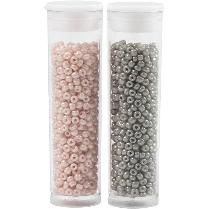 Rocaille Seed Beads, dia. 1,7 mm, size 15/0, hole size 0,5-0,8 mm, light grey, dusty rose, 2x7 g/ 1 pack