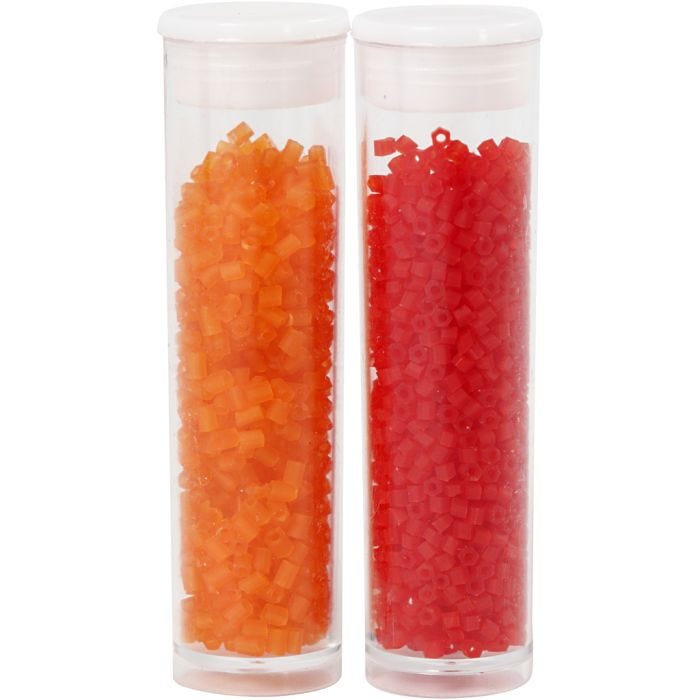Rocaille Seed Beads 2-cut, dia. 1,7 mm, size 15/0, hole size 0,5 mm, transparent orange, transparent red, 2x7 g/ 1 pack