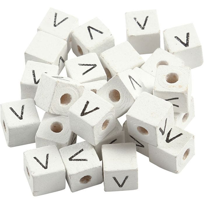 Letter Bead, V, size 8x8 mm, hole size 3 mm, white, 25 pc/ 1 pack