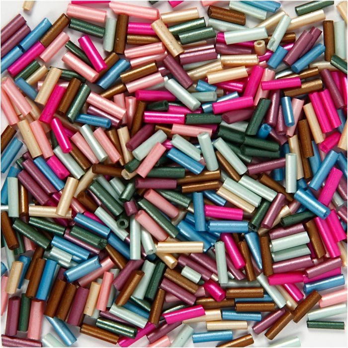 Bead Mix, L: 6 mm, dia. 1,5-2 mm, hole size 1 mm, metallic colours, 130 g/ 1 pack