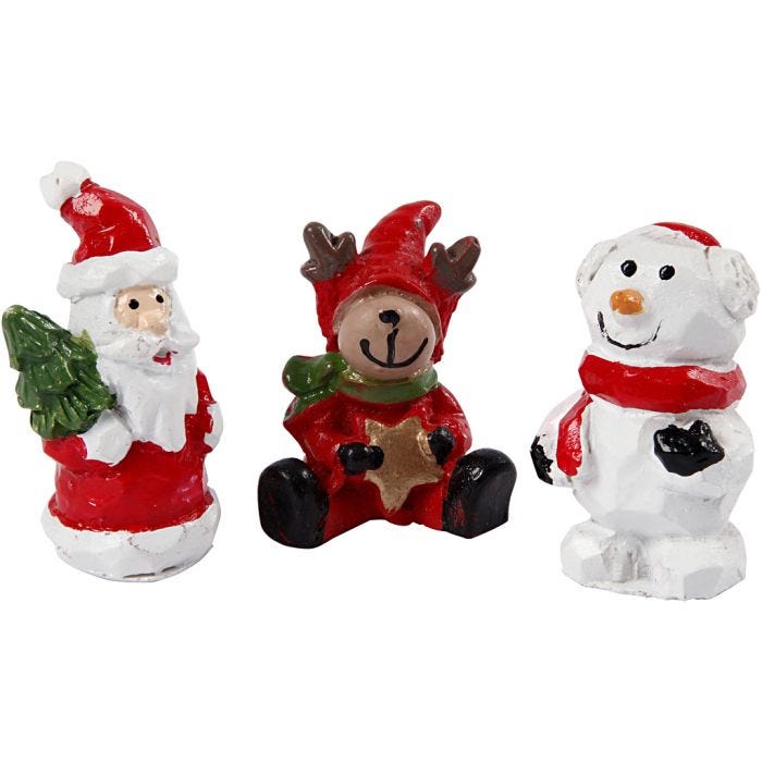 Miniature figurines, Santa, reindeer and snowman, H: 35 mm, L: 10 mm, 3 pc/ 1 pack