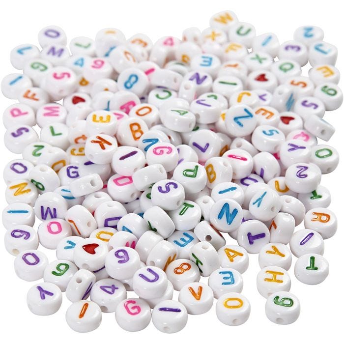 Letter Beads, size 7 mm, hole size 1,2 mm, white, 200 g/ 1 pack