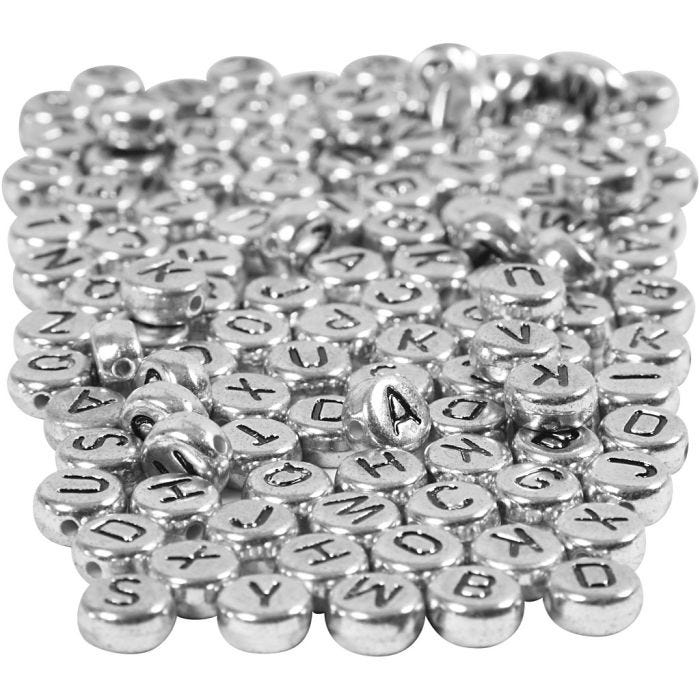 Letter Beads, dia. 7 mm, hole size 1,2 mm, silver, 165 g/ 1 pack