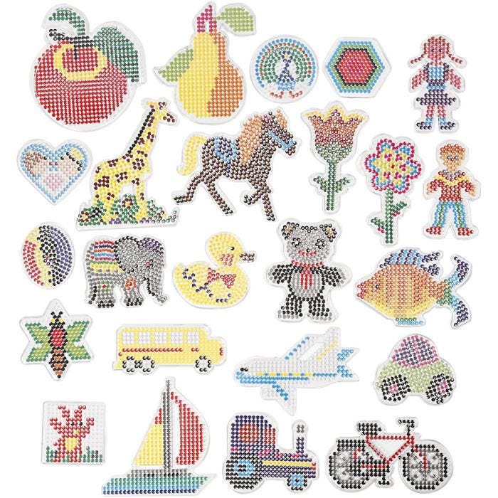 Peg Board, geometric, animals, children/flowers and transport, 7x7,5-14x16 cm, medium, clear, 4x10pack/ 1 pack