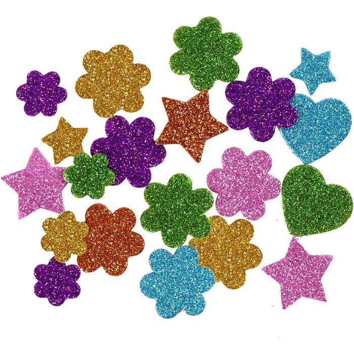 Foam Shapes, Stars, flowers and hearts, dia. 19+29 mm, 100 asstd./ 1 pack