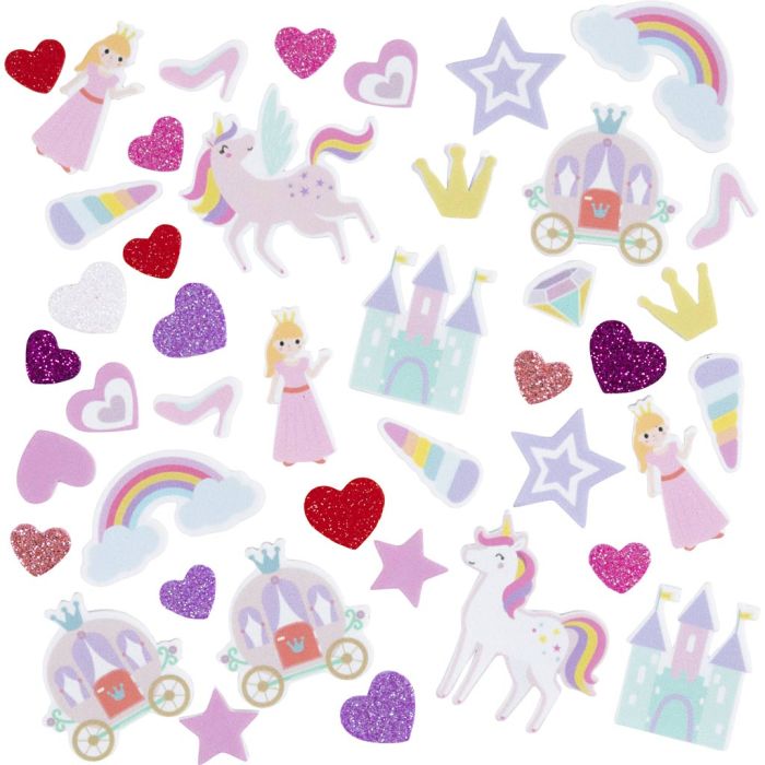 Foam Stickers, Heart, princess, unicorn, self-adhesive, size 13-50 mm, purple/pink harmony, 150 pc/ 1 pack