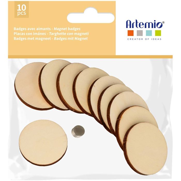 Magnetic wooden badges, size 4.5 cm, 10 pc/ 1 pack