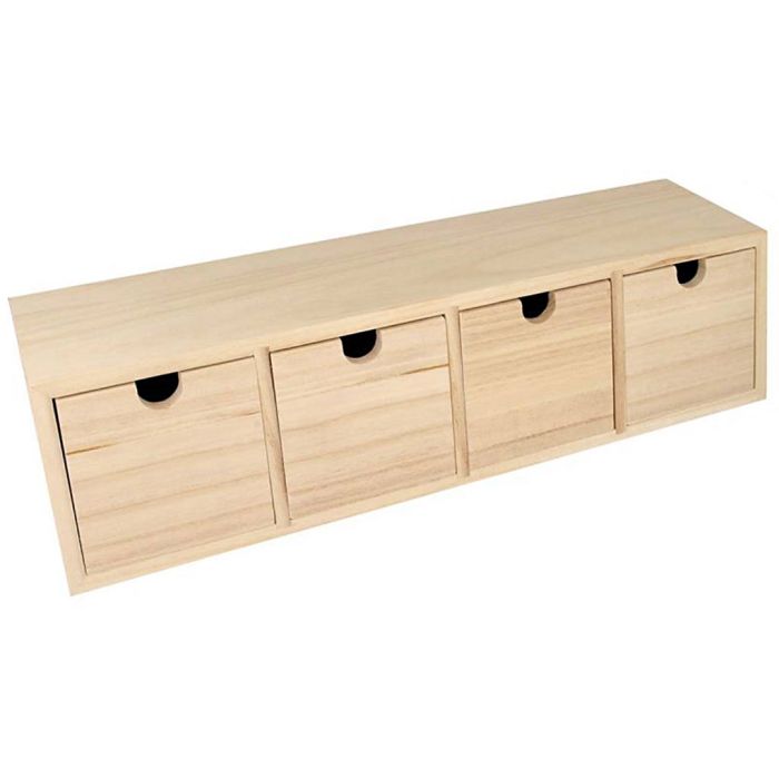 Storage box with drawers in unfinished wood, size 44x10x12 cm, 1 pc