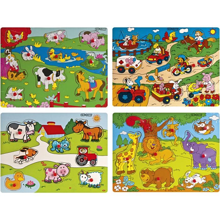 Wooden jigsaw puzzles with knobs, size 22,5x30 cm, 8-10 puzzle pieces, 4 pc/ 1 pack