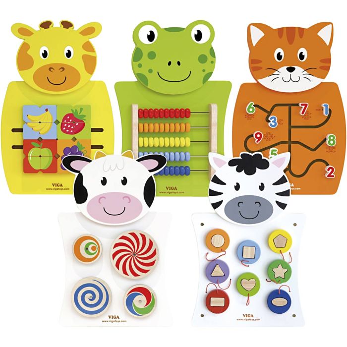 VIGA Activity Board, Cow, cats, frog, zebra and giraffe, size 36x55x3,5 cm, 5 parts/ 1 pack