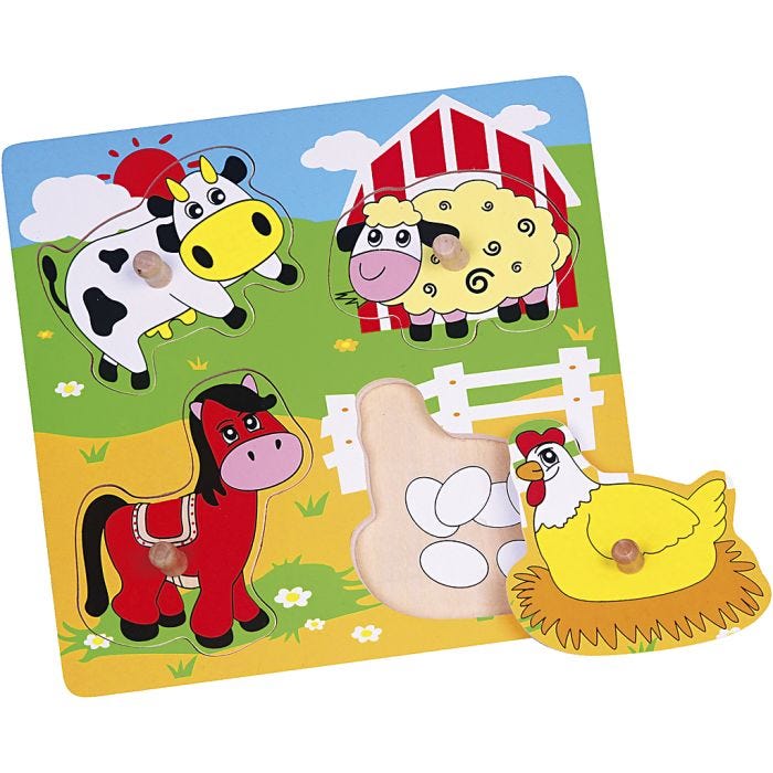 VIGA Wooden Knob Puzzles, farm animals, size 22x22 cm, 4 puzzle pieces, 1 pc