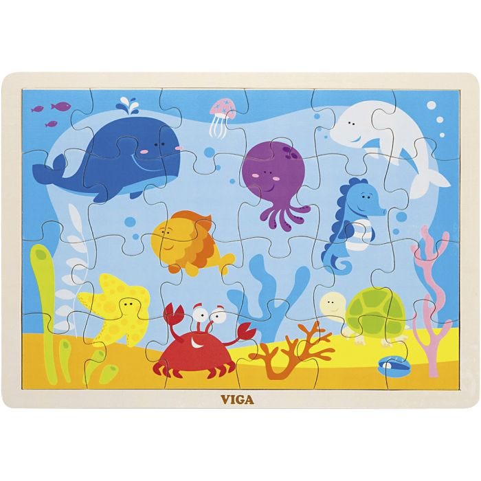 VIGA Wooden Jigsaw Puzzles, marine animals, size 30x22,5 cm, 24 puzzle pieces, 1 pc