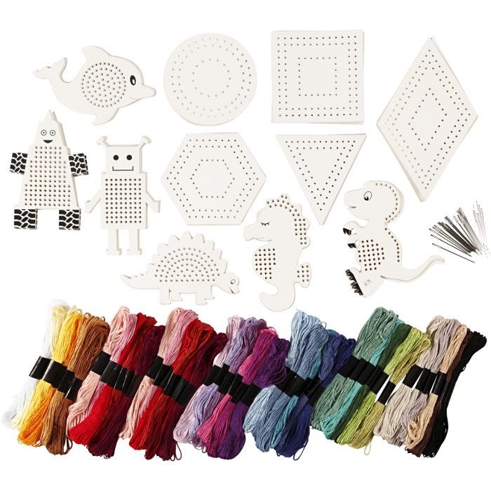 Embroidery figures with embroidery yarn, 8-17 cm, assorted colours, 1 set