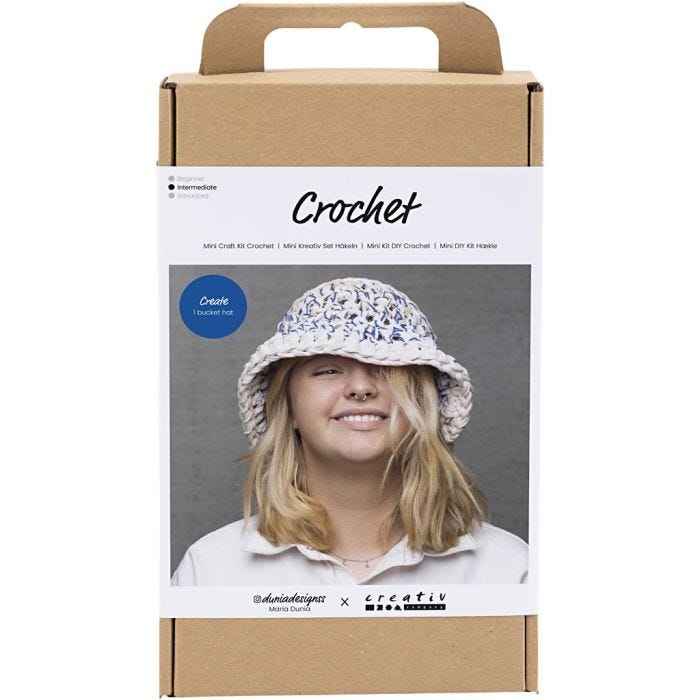 Craft Kit Crochet, Chunky Bucket Hat, blue, light natural, yellow, 1 pack