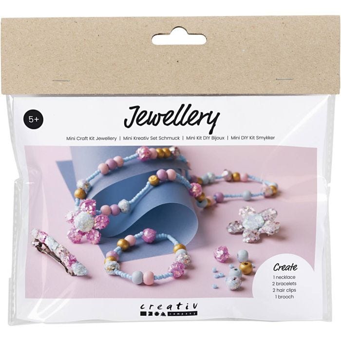 Mini Craft Kit Jewellery, Necklace, bracelet, clips, brooch, blue, light blue, pastel pink, 1 pack
