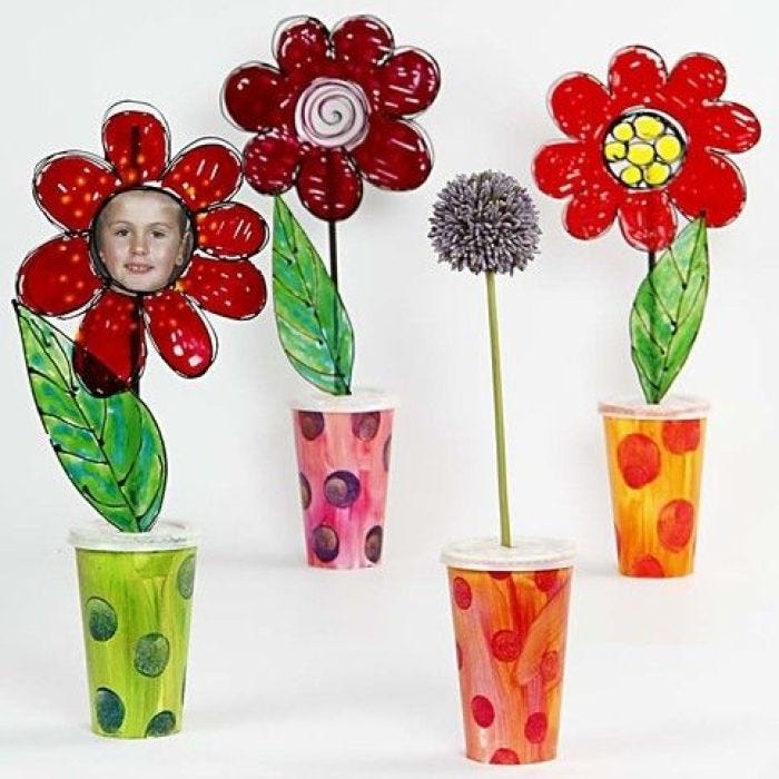 Paper Cup Vases with Flowers painted with Window Color Paint